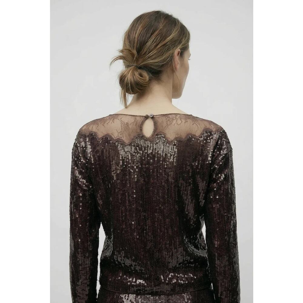 NWT Zara Sequin Lace Boat Neck Top Brown Shimmer Long Sleeve Blouse S - Picture 2 of 11